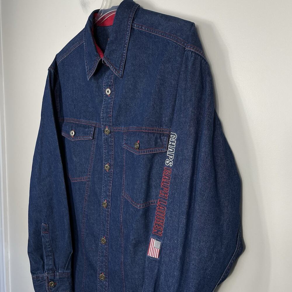 Vintage Ralph Lauren Chaps Denim Shirt Mens XL Y2K Red Stitching Sleeve Spellout - Picture 10 of 13